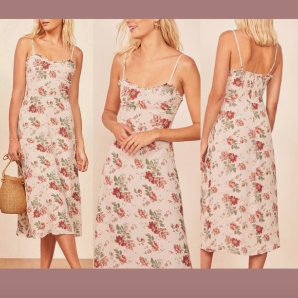 $218 Reformation [‎ 6 ] Cassandra Midi Dress in Veranda Floral Ivory #5831 - Picture 1 of 15